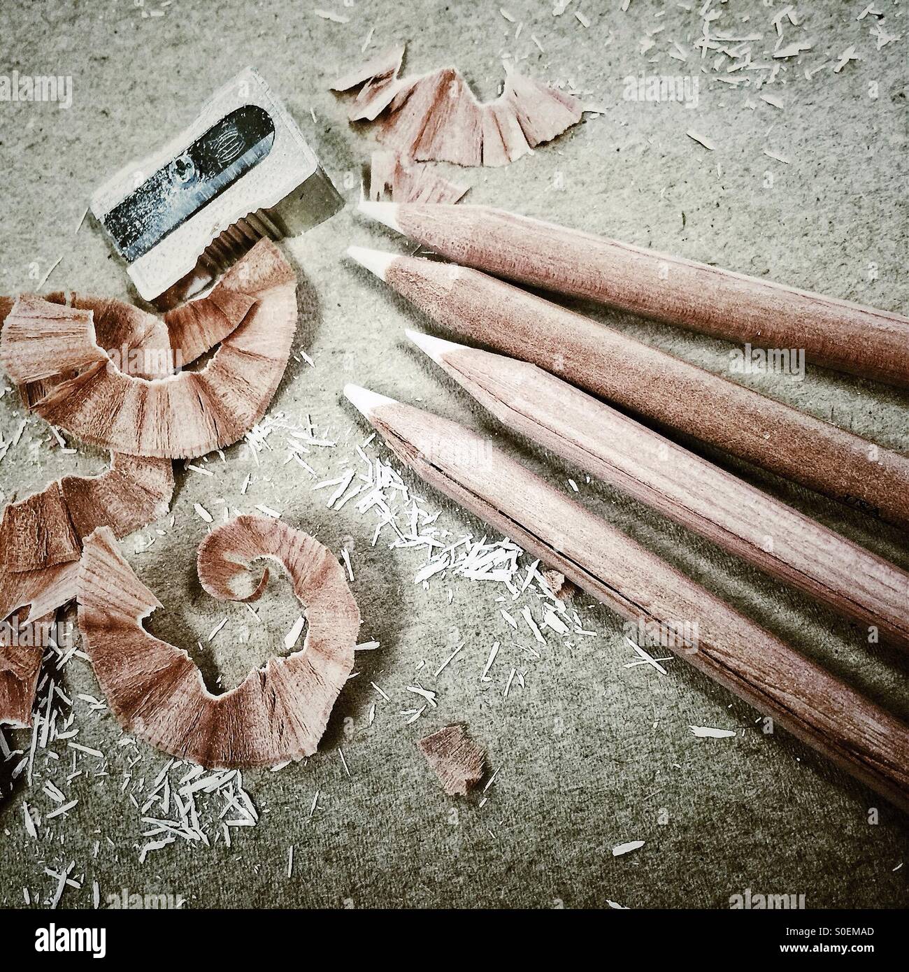 Pencils, sharpener and shavings - Smartphone Captured Stock Image