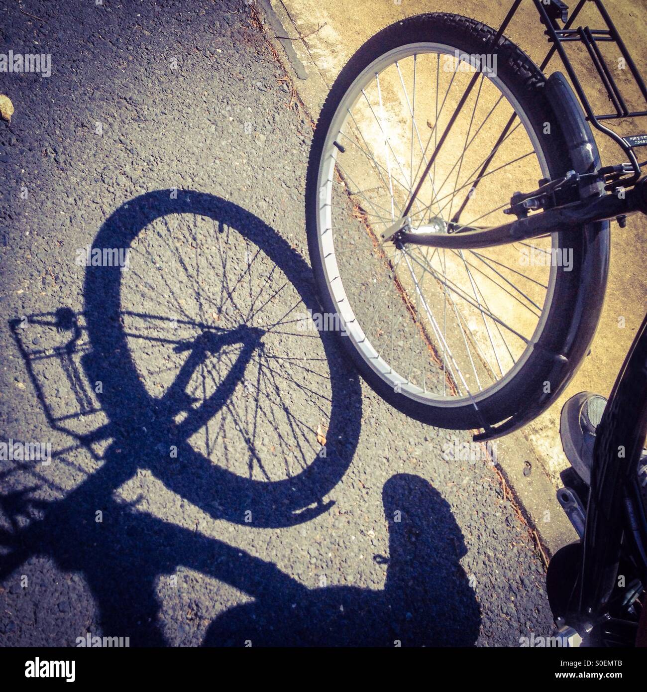 Bicycle wheel shadow as a cyclist rides along a road. - Smartphone Captured Stock Image