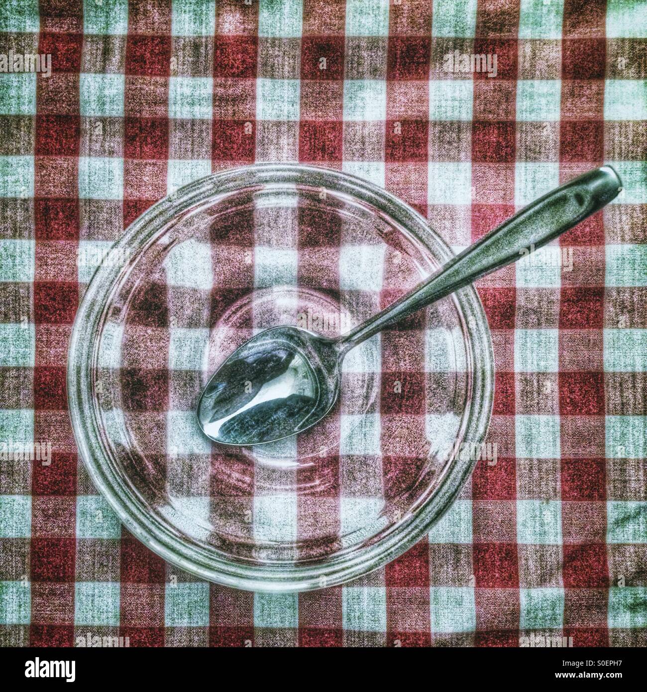 Glass bowl with spoon on gingham tablecloth. - Smartphone Captured Stock Image