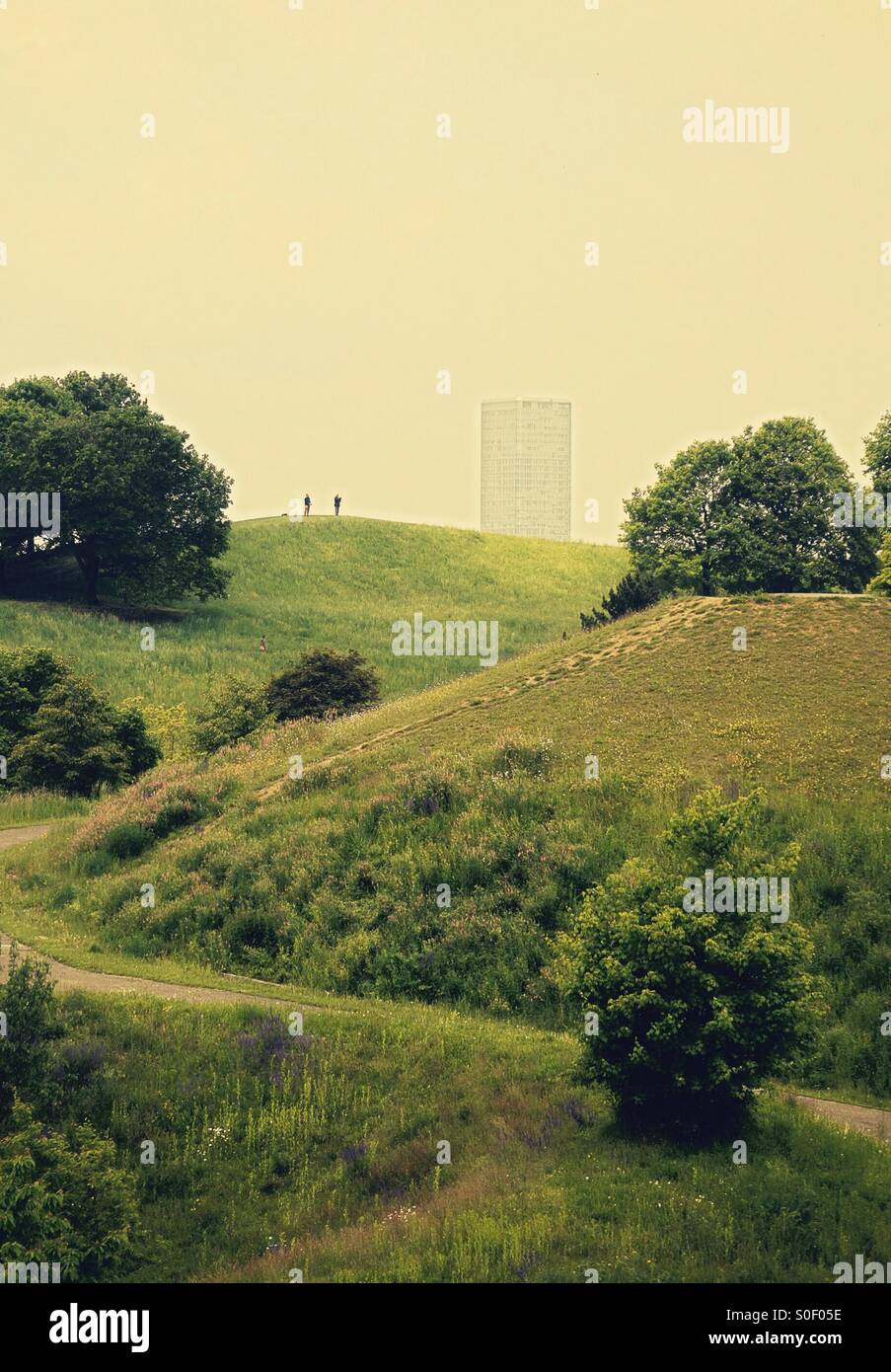 City office block above a green parkland with two silhouetted figures Stock Photo Alamy