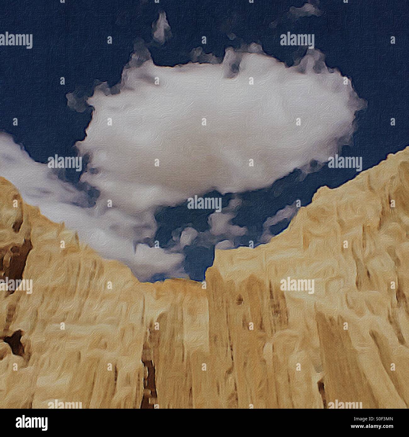 Cloud over badlands, Cathedral Gorge, Nevada, brushstroke filter applied - Smartphone Captured Stock Image