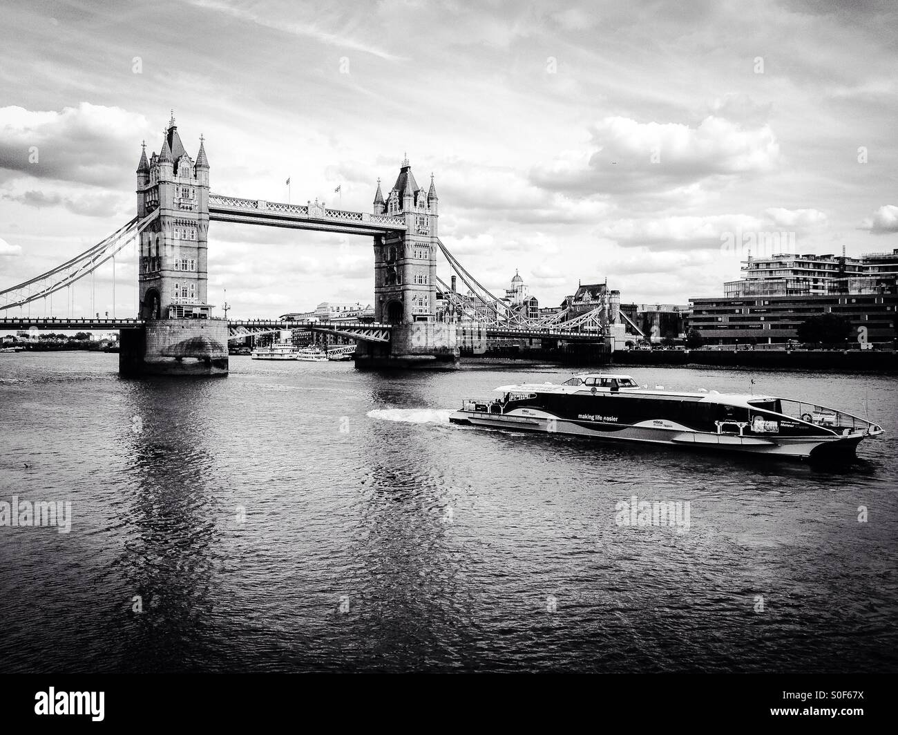 London landscape. Tower Bridge, River Thames, river boat tour. Stock Photo