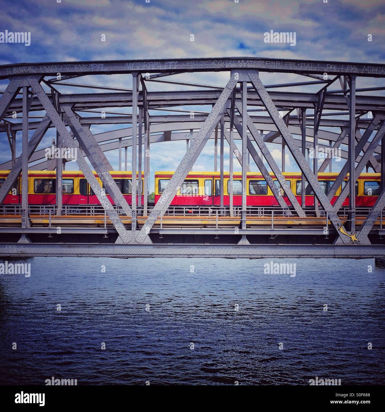 A city commuter train passing over the River Spree in Berlin Germany - Smartphone Captured Stock Image
