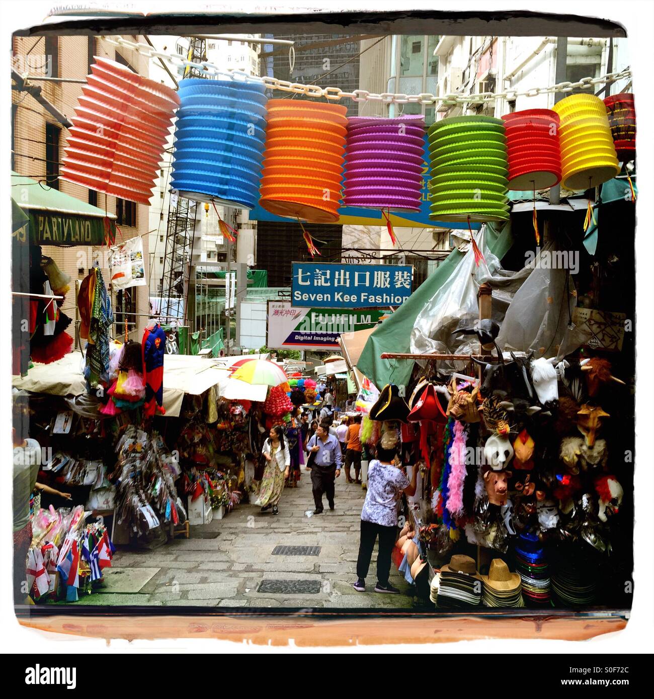 Famous Pottinger Street with colourful market stalls in Hong Kong - Smartphone Captured Stock Image