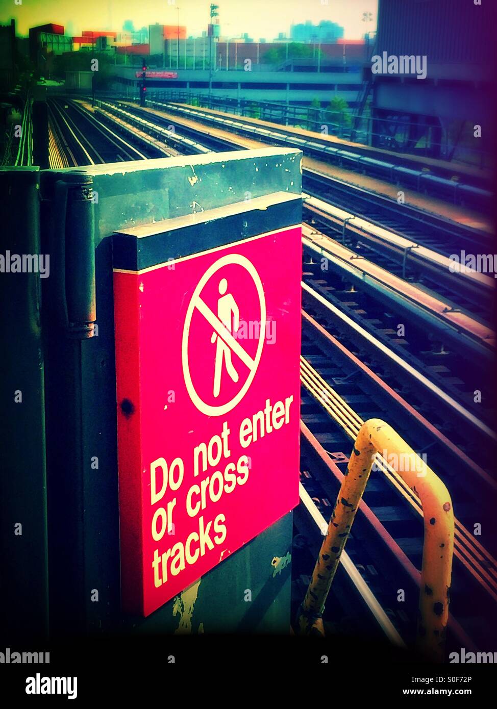 Warning sign train tracks. NYC - Smartphone Captured Stock Image