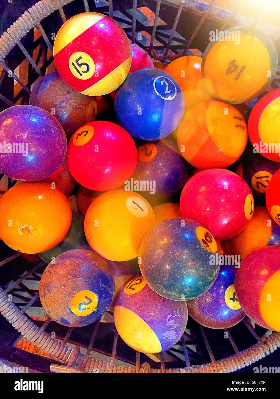 Basket of vintage Billiard  balls in antique store - Smartphone Captured Stock Image