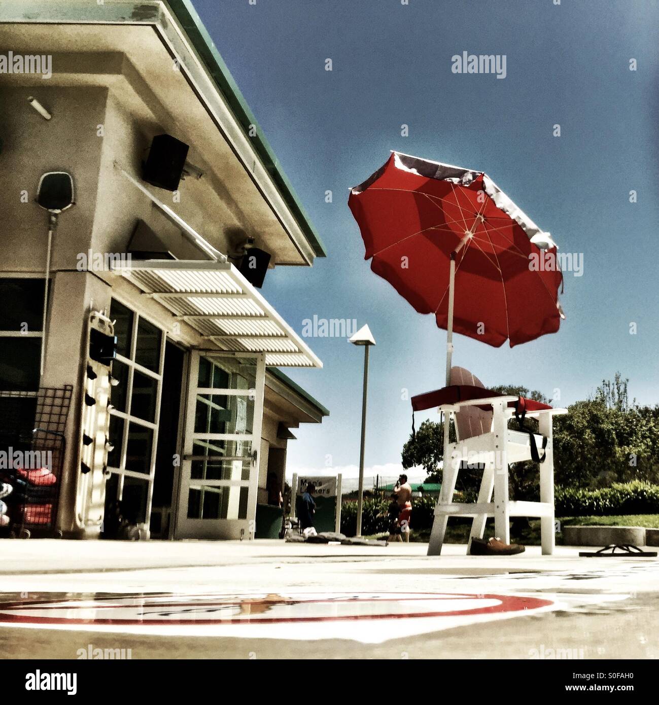 Swimmer's orthographic view of swimming facilities from the pool's edge. San Francisco Bay Area, USA. - Smartphone Captured Stock Image
