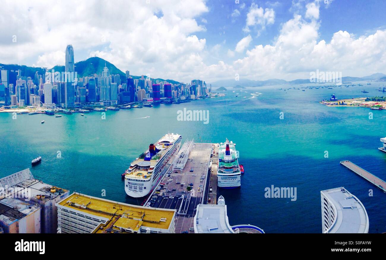 Beautiful view of Victoria harbour in Hong Kong . - Smartphone Captured Stock Image