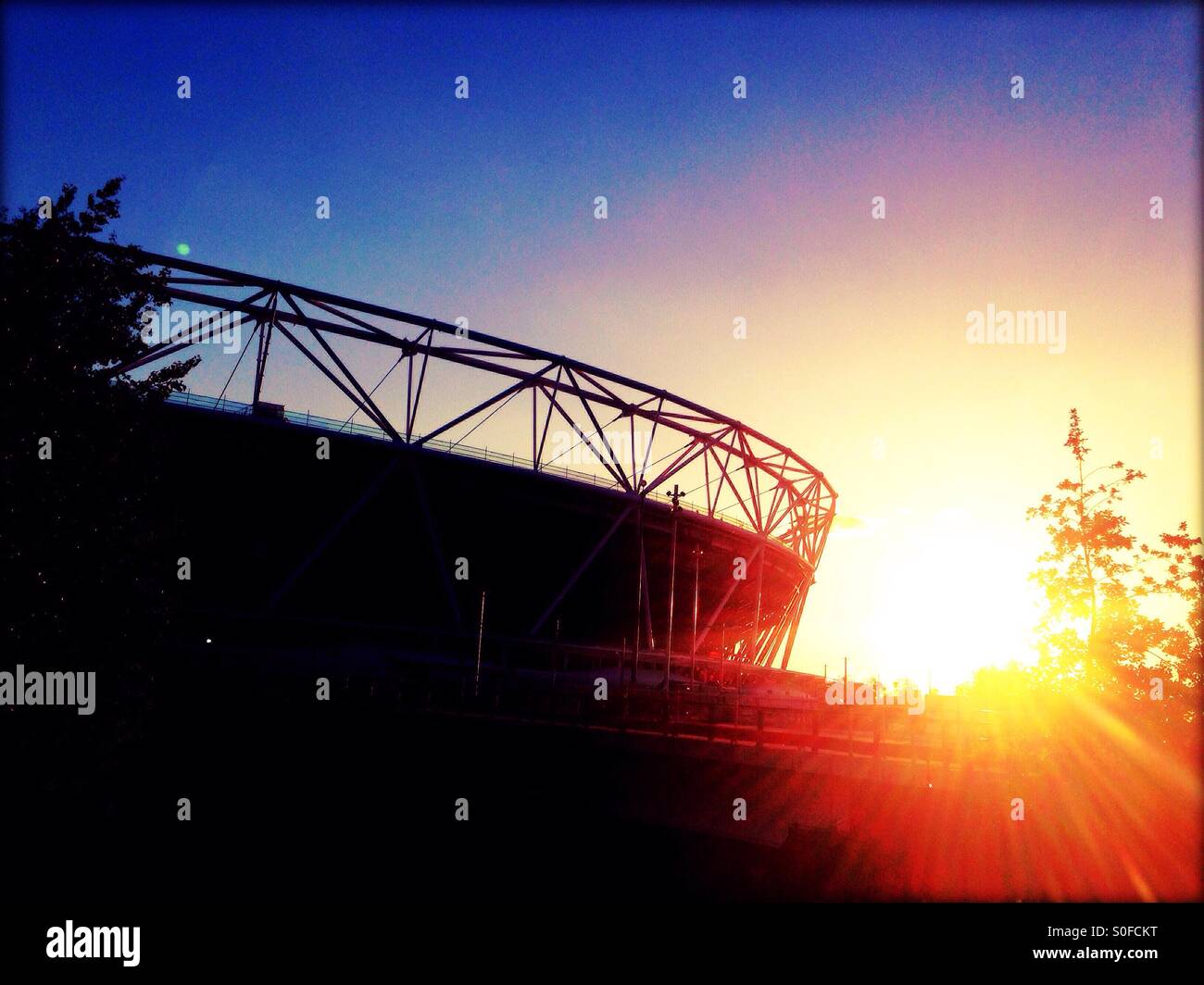 Sunset at the Queen Elizabeth II Olympic Park showing the Olympic