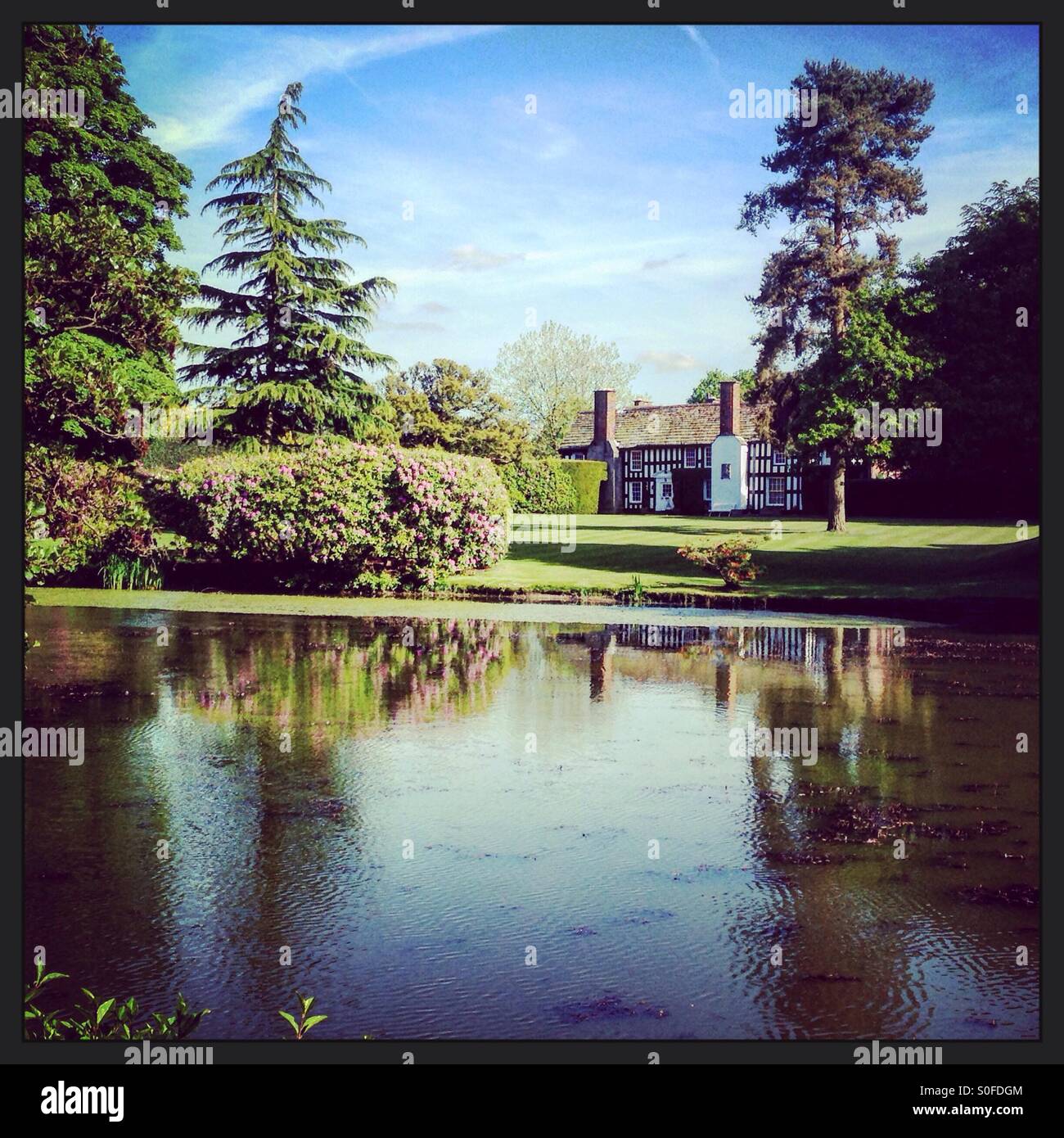 Gawsworth Hall  Ancient Manor House. Cheshire. England. Pond infront of Old Hall. Stock Photo