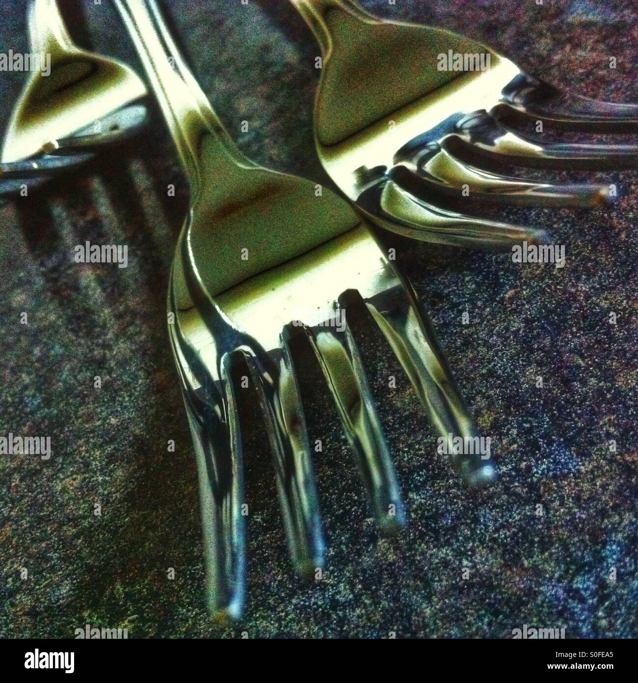 Close up of stainless steel forks - Smartphone Captured Stock Image