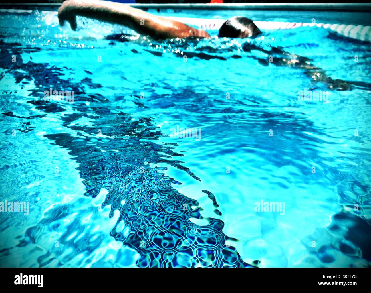 Competitive swimmer doing freestyle crawl, Australian crawl, outdoor swimming pool in San Francisco Bay Area. - Smartphone Captured Stock Image