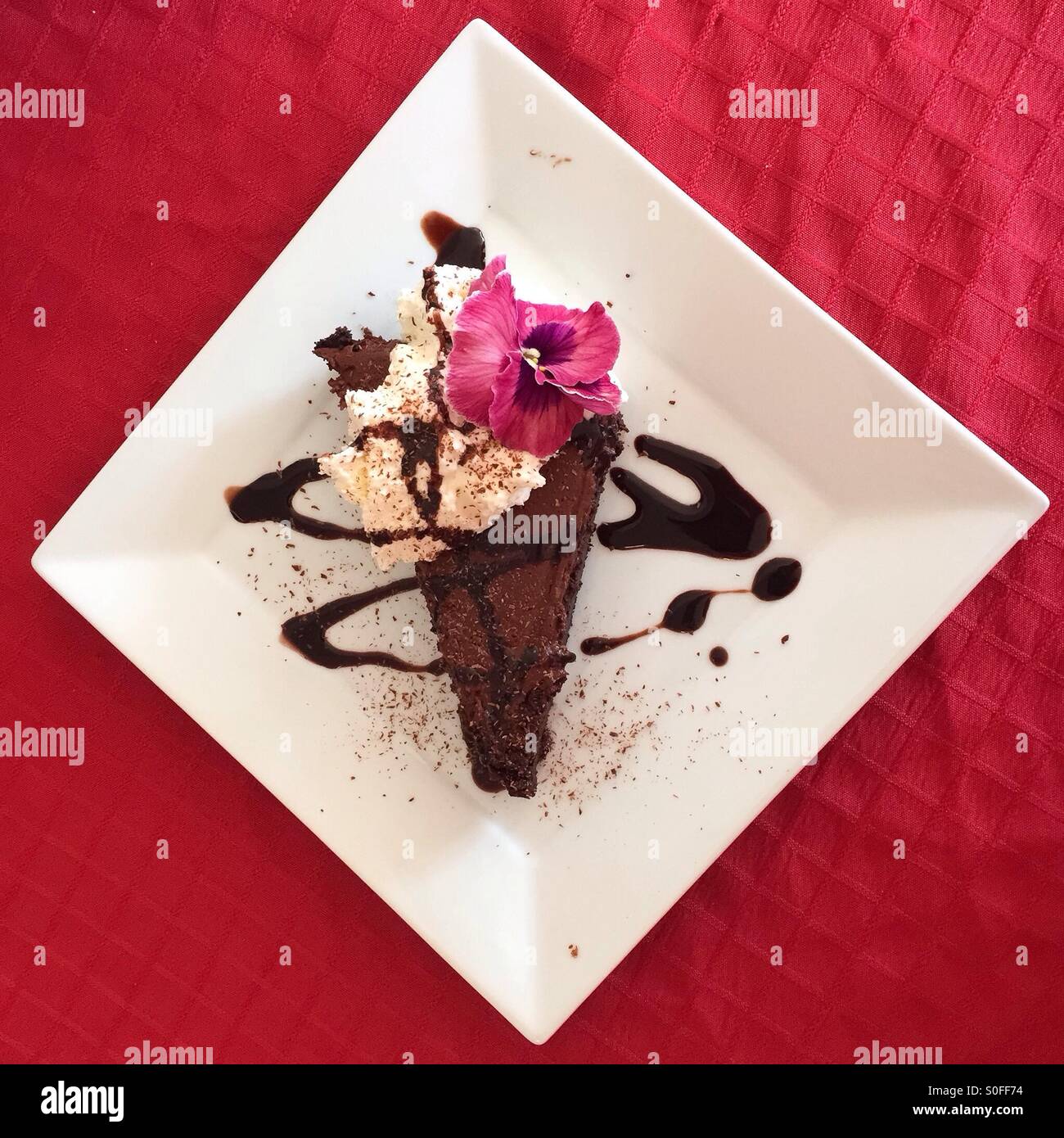 Gourmet chocolate cake decorated with a pansy flower. - Smartphone Captured Stock Image