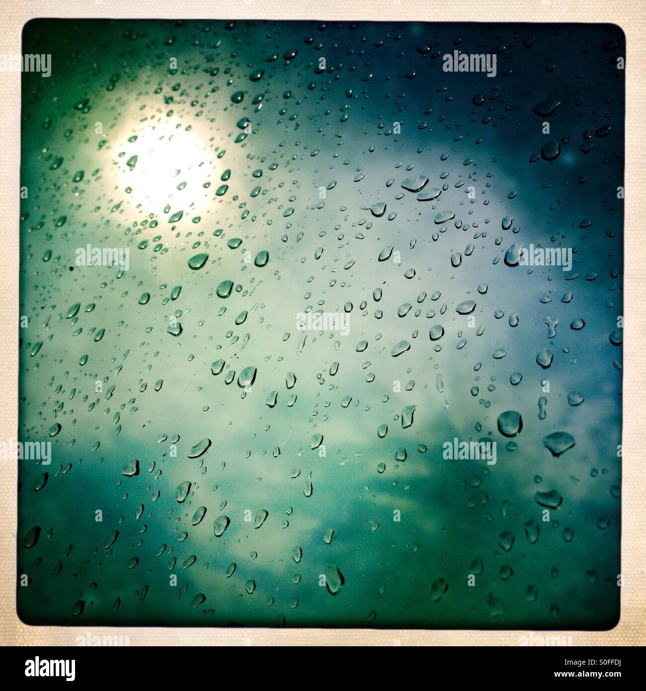Sun and raindrops on Glass Window - Smartphone Captured Stock Image