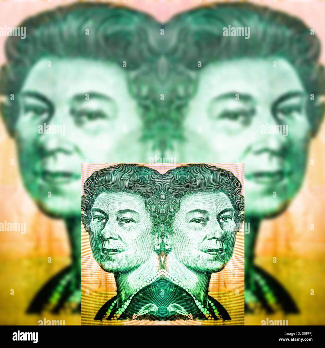 Queen Elizabeth II on Australian currency with mirror reflection effect Stock Photo