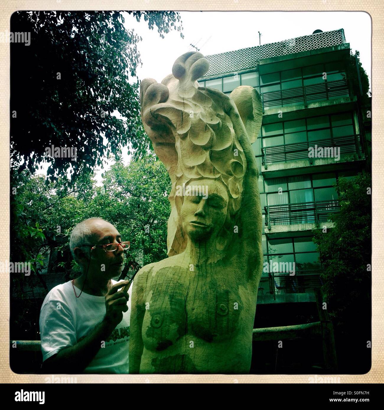An sculptor carves the form of a woman on a tree in Colonia Roma, Mexico City,Mexico Stock Photo