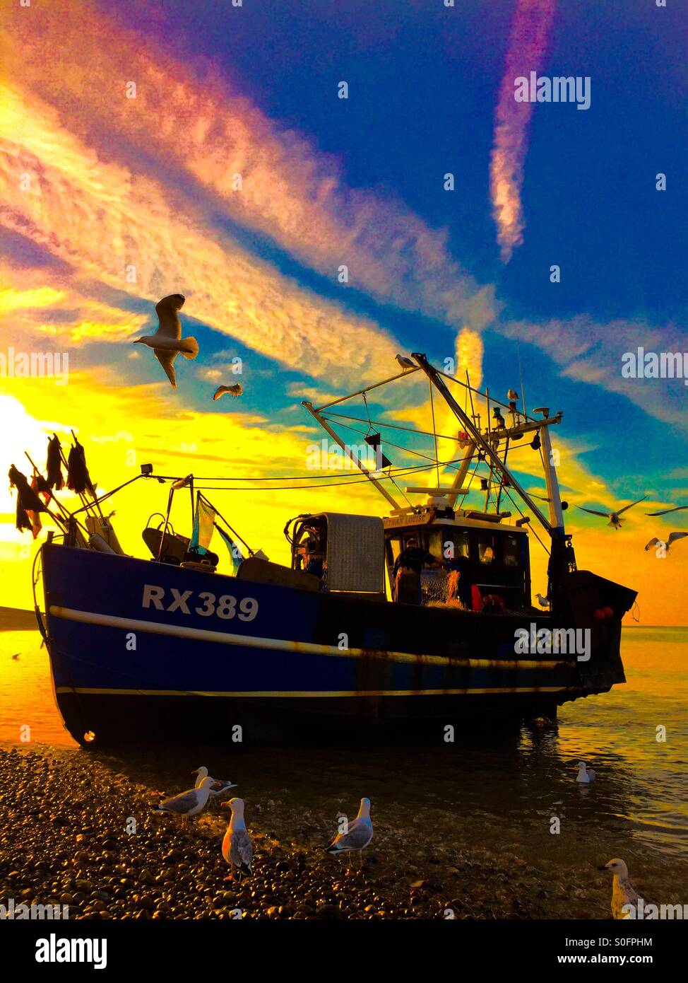 Hastings fishing boat landing catch at dawn on a summer morning, East