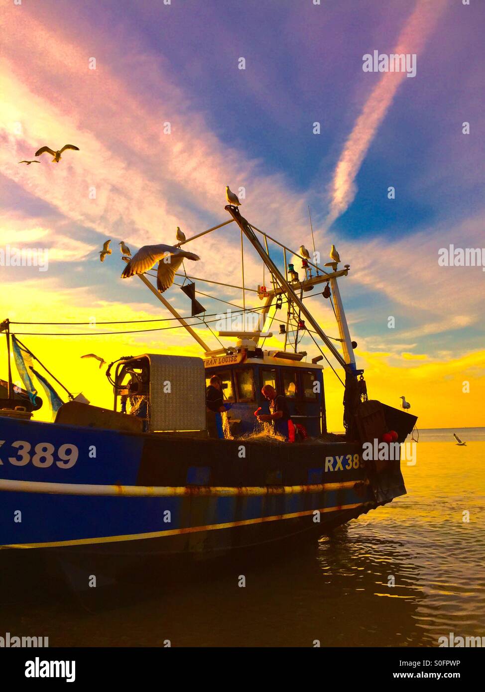 Hastings fishing boat at sunrise, East Sussex, England, UK - Smartphone Captured Stock Image