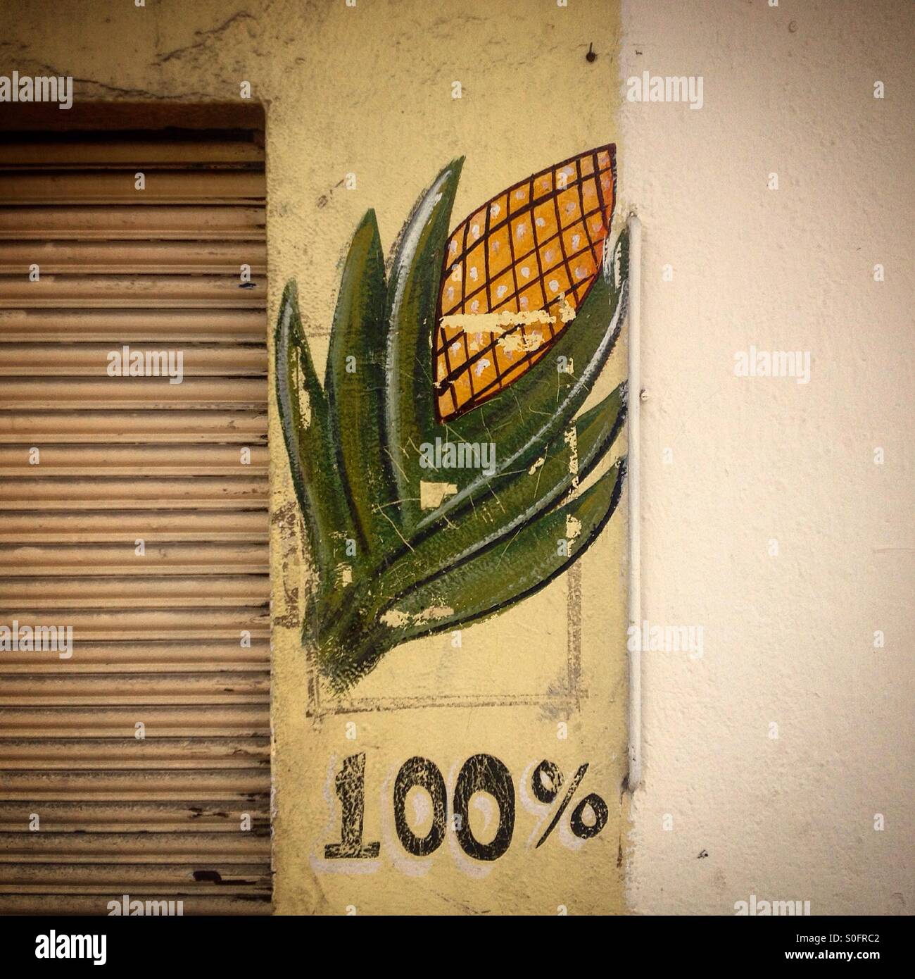 A mural with a painted corn cob and a 100% sign decorates a wall in Colonia Roma, Mexico City,Mexico Stock Photo