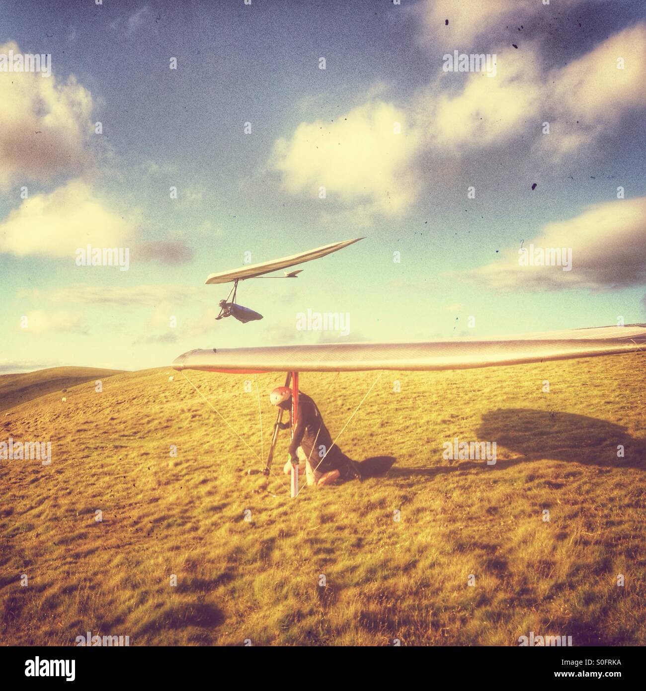 Hang gliders launching at the Long Mynd Shropshire UK Stock Photo Alamy