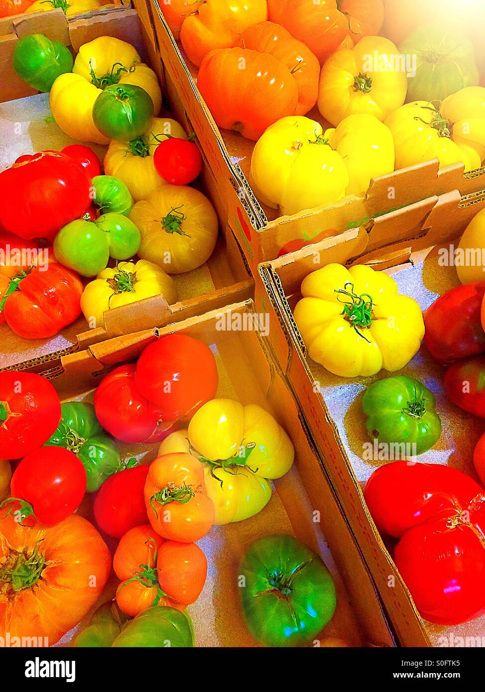 Heirloom tomatoes in crates for sale - Smartphone Captured Stock Image
