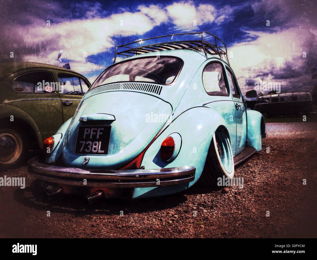 Classic VW Beetle with lowered suspension. The 'Bus Stop Over', Newark Showground, Newark, Nottinghamshire, UK. Stock Photo