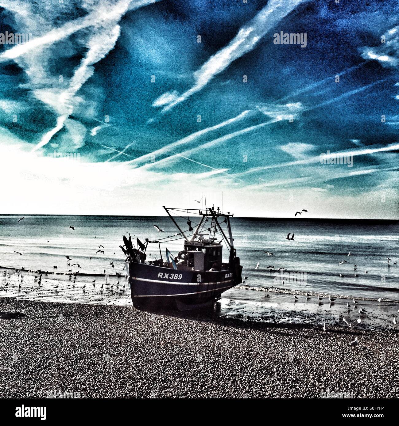 Hastings trawler landing on the beach, Sussex,UK - Smartphone Captured Stock Image