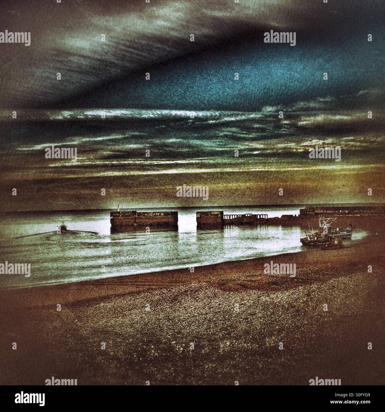 Hastings harbour, early morning fishing boats, East Sussex coast, England, UK. - Smartphone Captured Stock Image