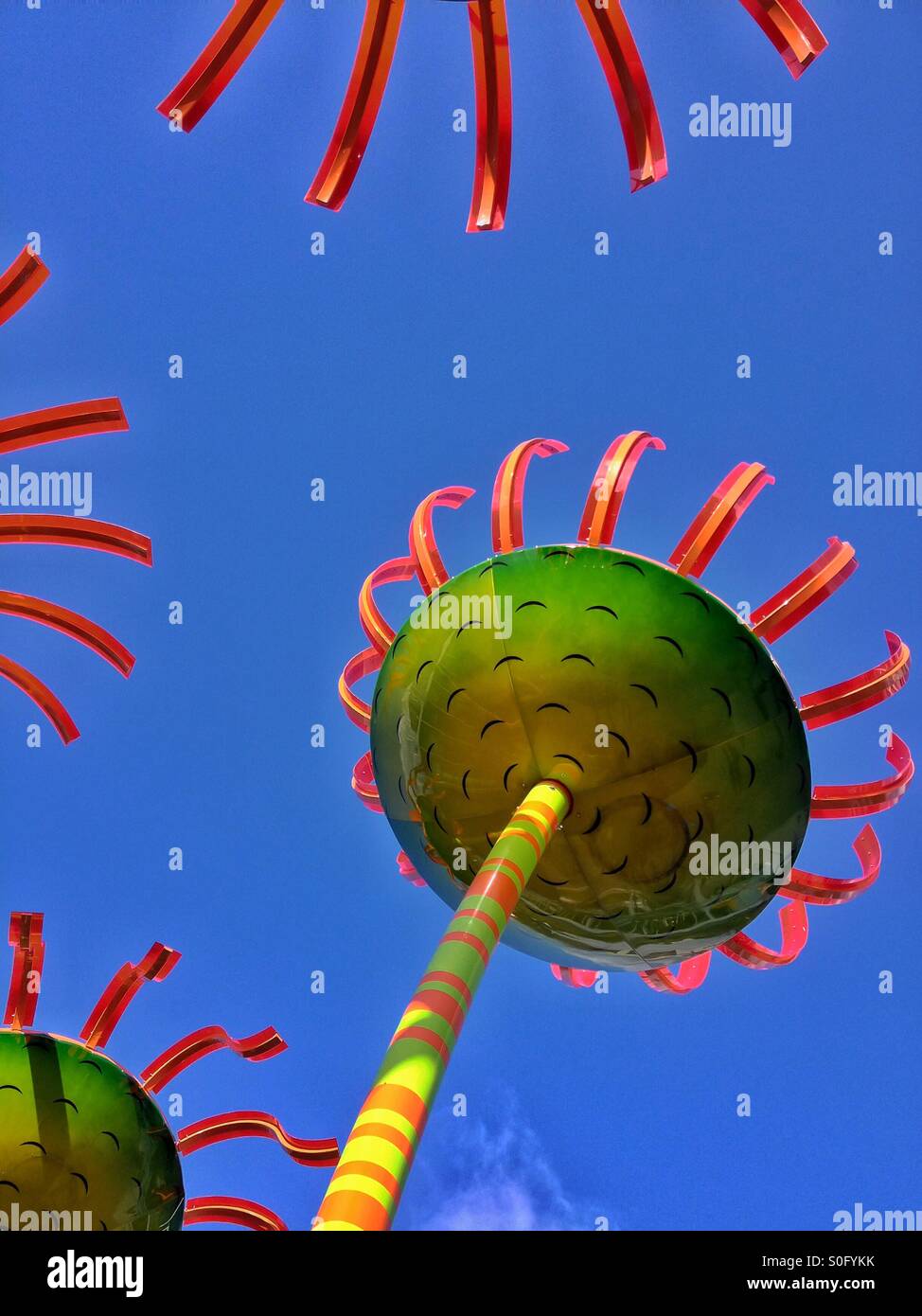 The Sonic Boom flowers at Seattle center in Seattle Washington against a clear blue sky - Smartphone Captured Stock Image