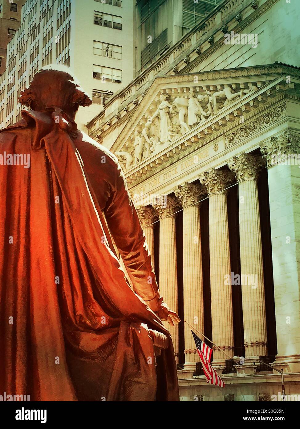 The bronze statue of George Washington in front of Federal Hall ...
