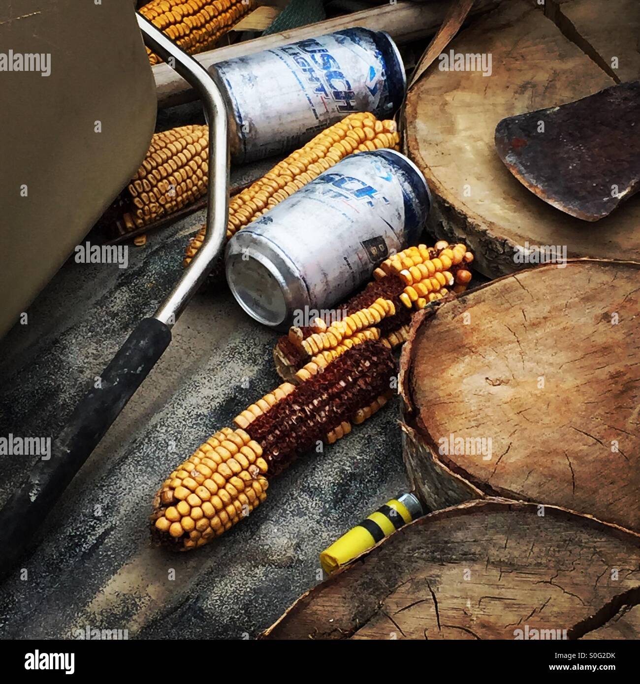 A tableau of items including empty beer cans, corn cobs, wood, an axe and a shotgun shell. Stock Photo