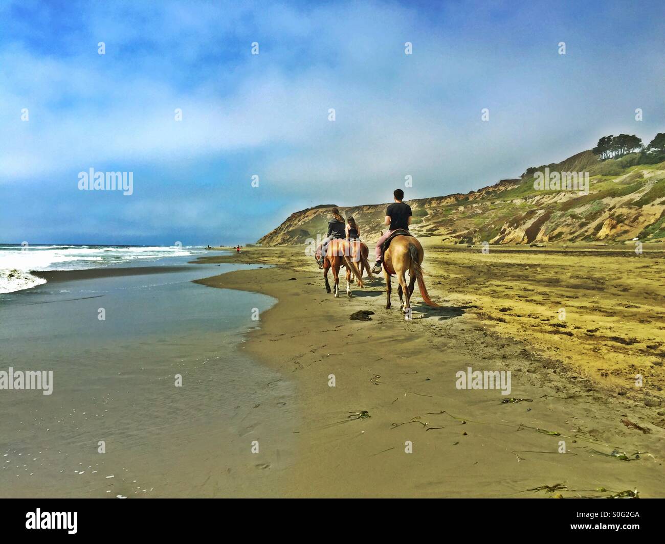 HDR panorama of three horseback riders drifting along the sun kissed shores of a long California beach in Summer. - Smartphone Captured Stock Image