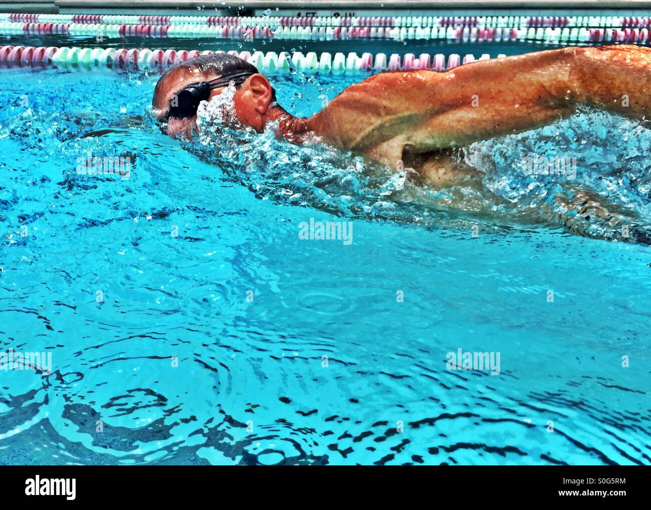Up close. Competition training... muscular male swimmer athlete does freestyle Australian crawl. Closeup. HDR. - Smartphone Captured Stock Image