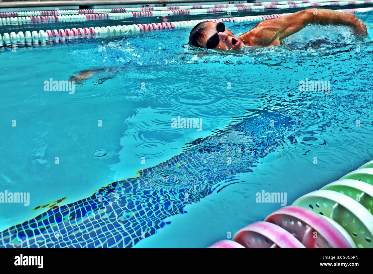 Closeup. Male athlete swimming freestyle Australian crawl. Outdoor Olympic size swimming pool. View from adjacent lane. HDR. - Smartphone Captured Stock Image