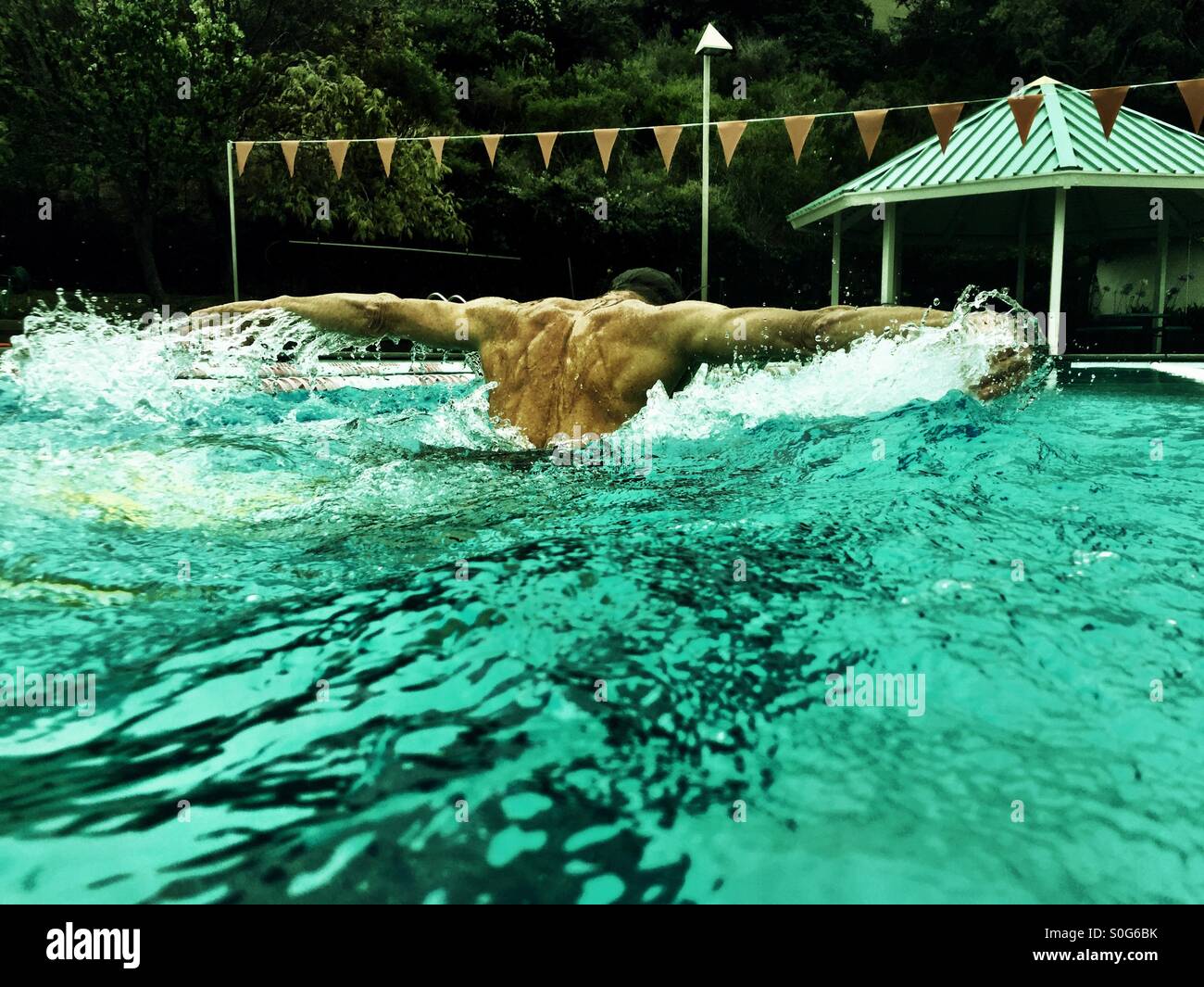 The swimmer. Dramatically propelled across leagues of water by sweeping butterfly stroke. - Smartphone Captured Stock Image