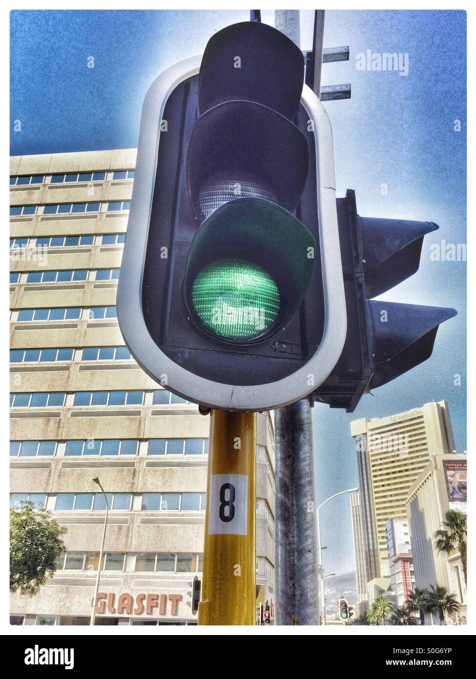 Green traffic light in Cape Town CBD. Stock Photo