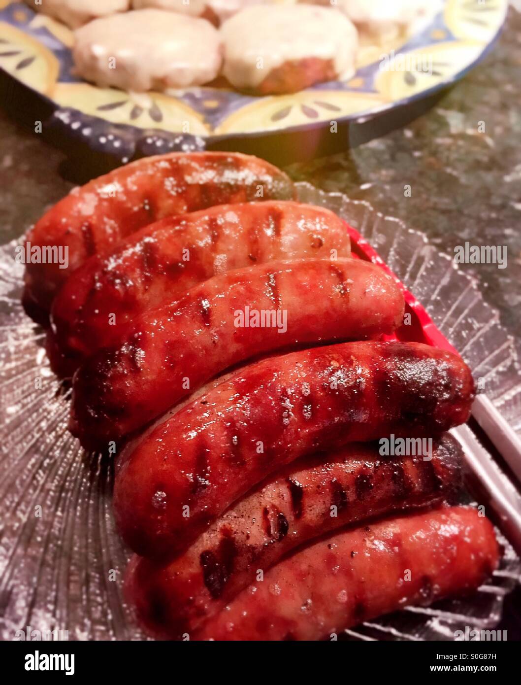 Bratwurst Sausages fresh off the grill, USA Stock Photo