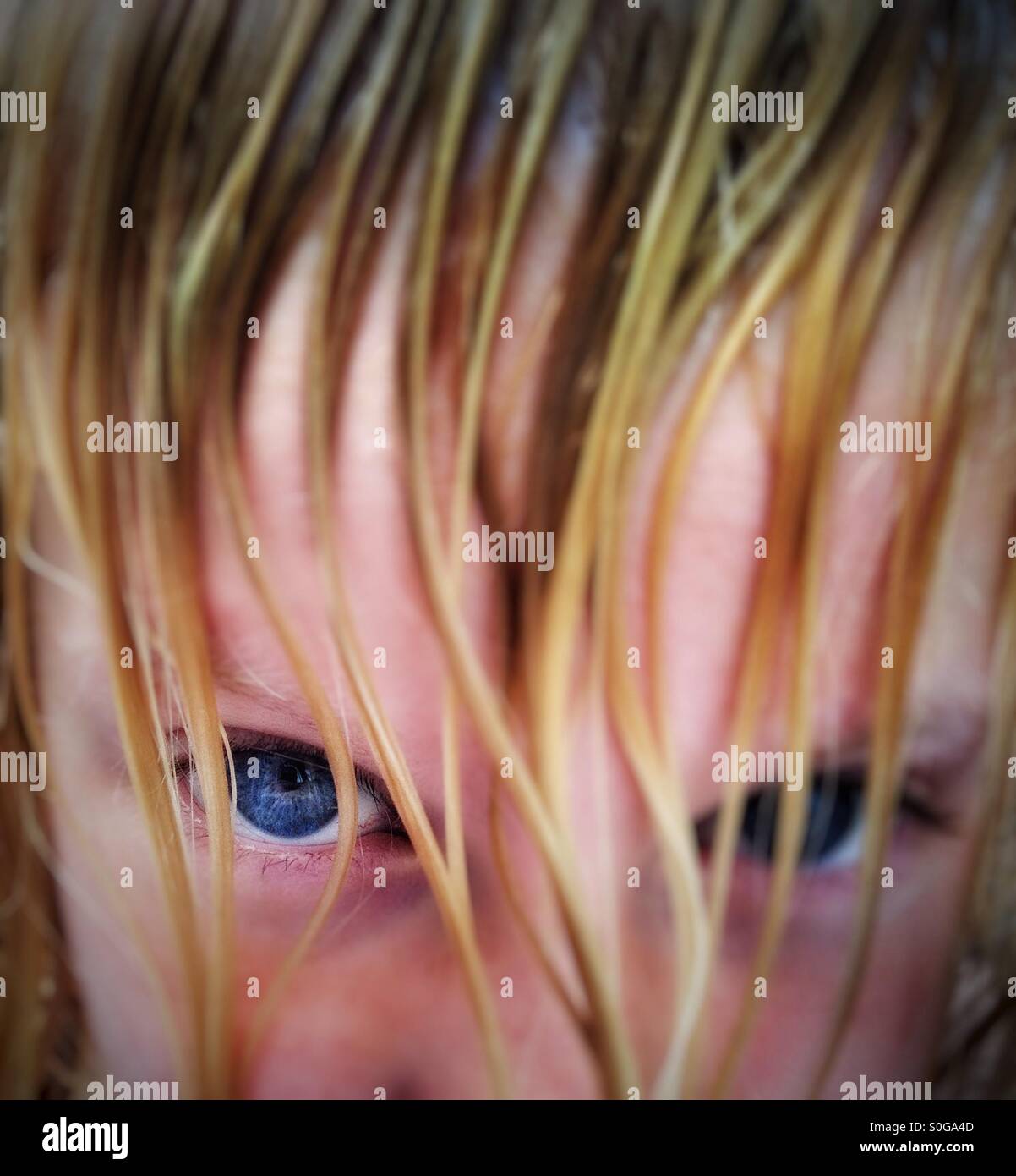 Girl with blue eyes peering out from behind curtain of wet blond hair Stock Photo