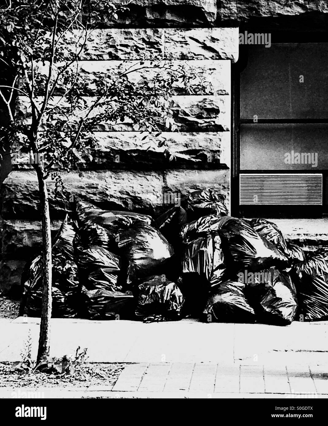 Garbage bags thrown against the stone wall of a government building. Stock Photo