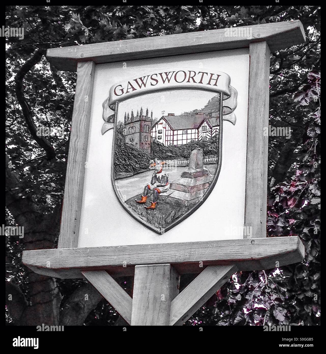 Gawsworth village sign. Cheshire- England Stock Photo