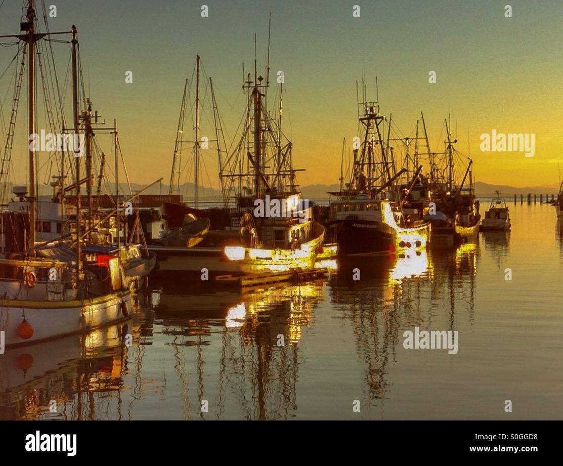 Fishing boats at sunset in Steveston Village, British Columbia, Canada