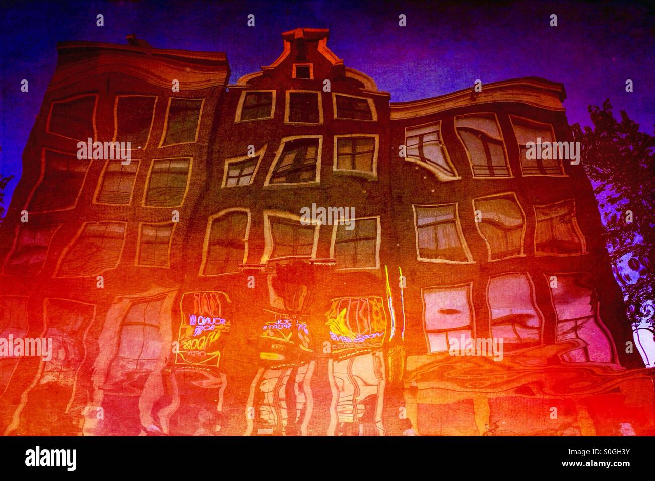 The red light district of Amsterdam reflected in the canal water, Netherlands EU - Smartphone Captured Stock Image