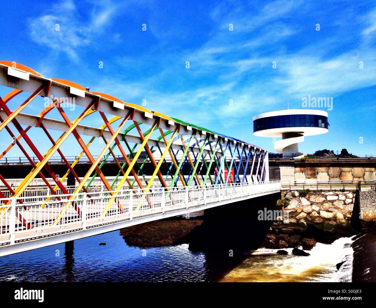 Colorful Bridge to Niemeyer Center in Aviles, Asturias - Spain Stock Photo