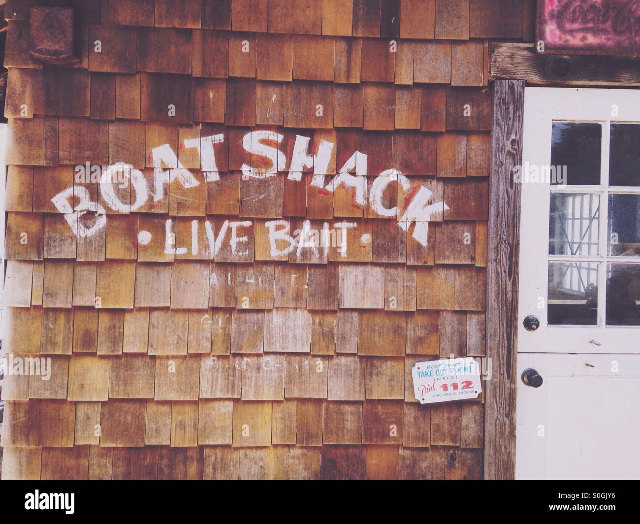 Boat shack on a cove in California. Stock Photo
