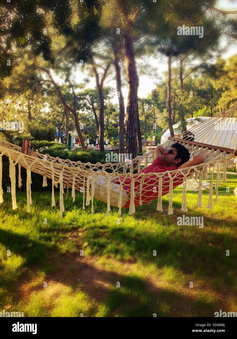 Man relaxing in hammock Stock Photo