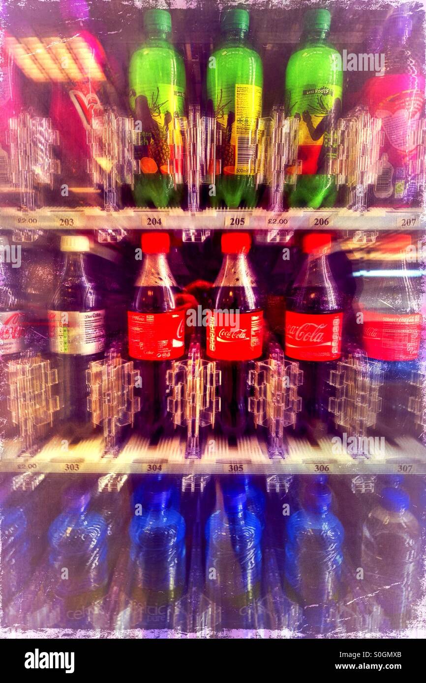 Tempting sugary drinks in a vending machine (zoom effect) - Smartphone Captured Stock Image