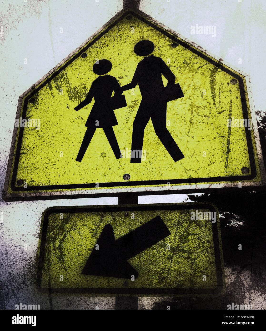 Students road crossing sign Stock Photo