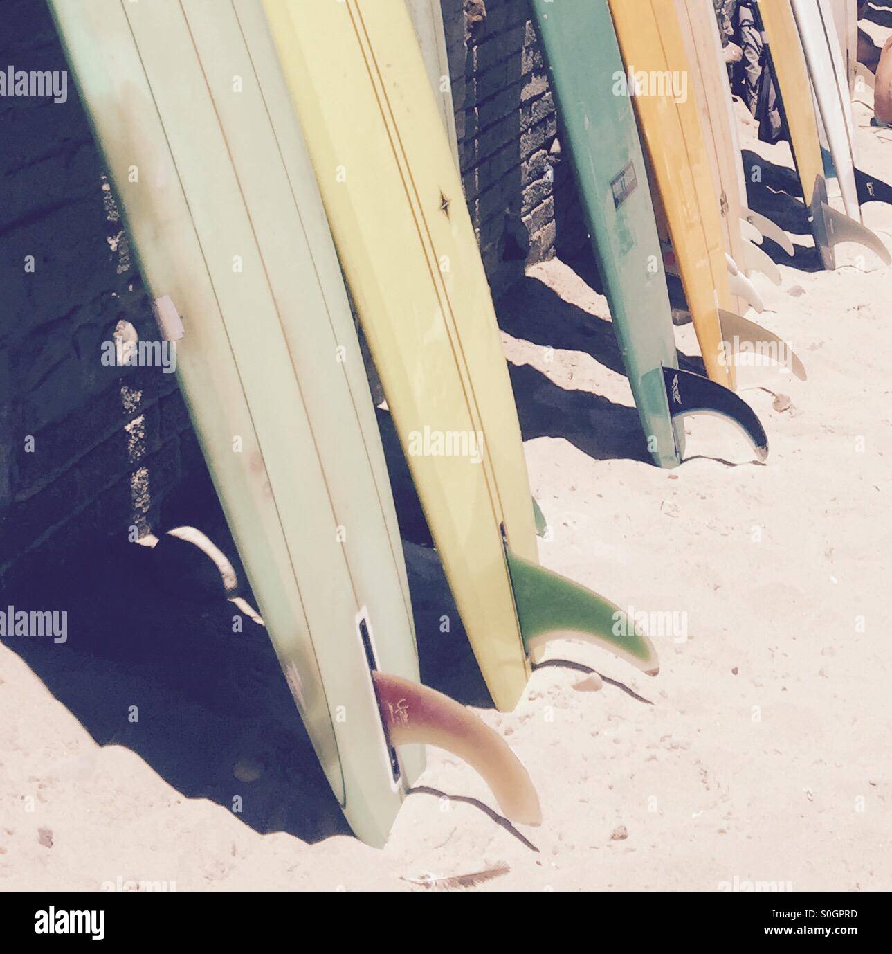Surfboards on a wall at surfrider beach. Malibu, California USA. Stock Photo