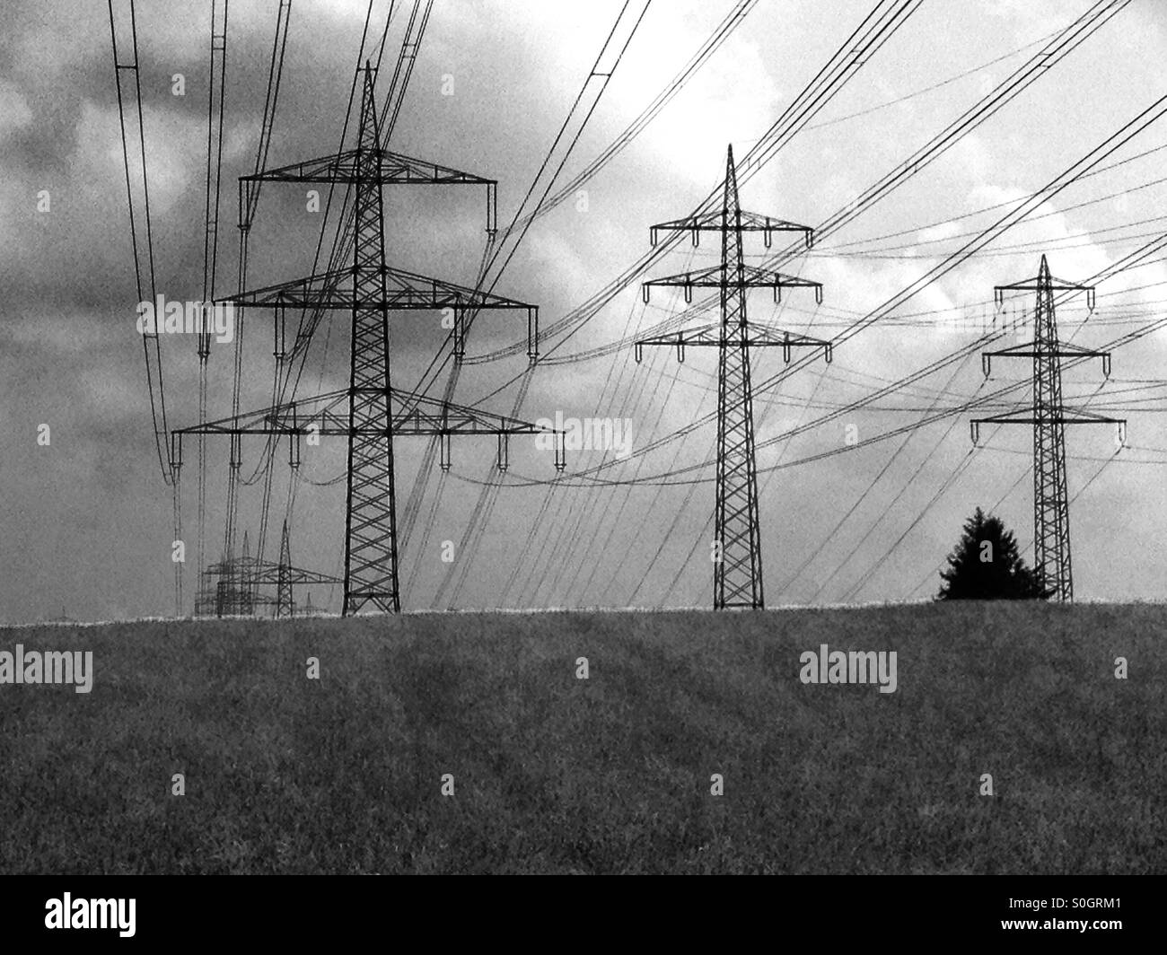 High-voltage electricity pylons, Leichlingen, Germany. - Smartphone Captured Stock Image