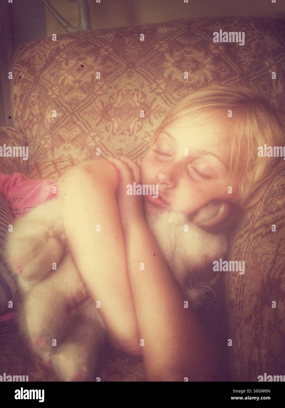 A child asleep while clutching to Grumpy Cat (2). - Smartphone Captured Stock Image